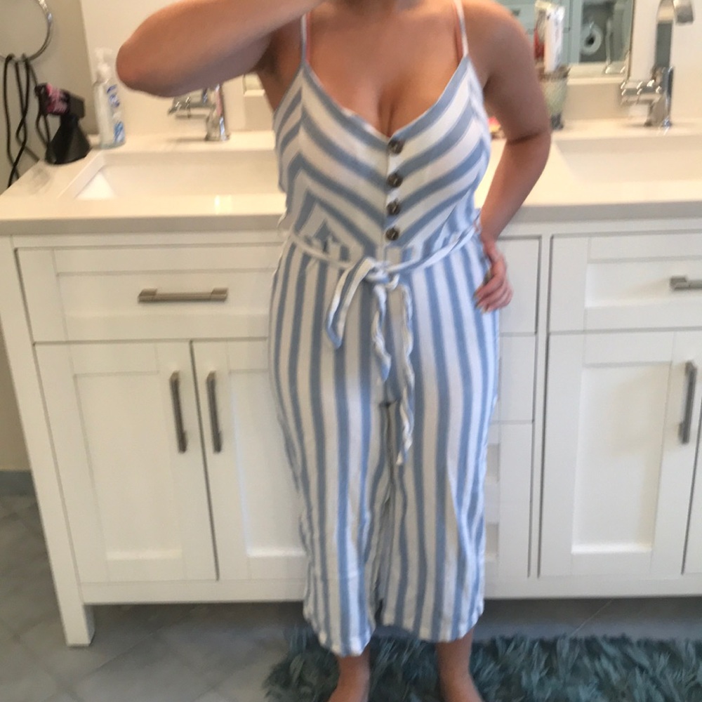 Blue and white striped jumpsuit